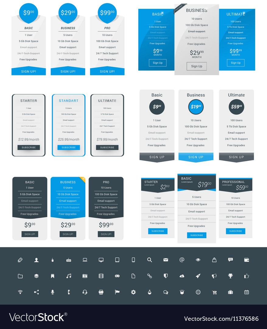 Set of pricing table design templates for websites