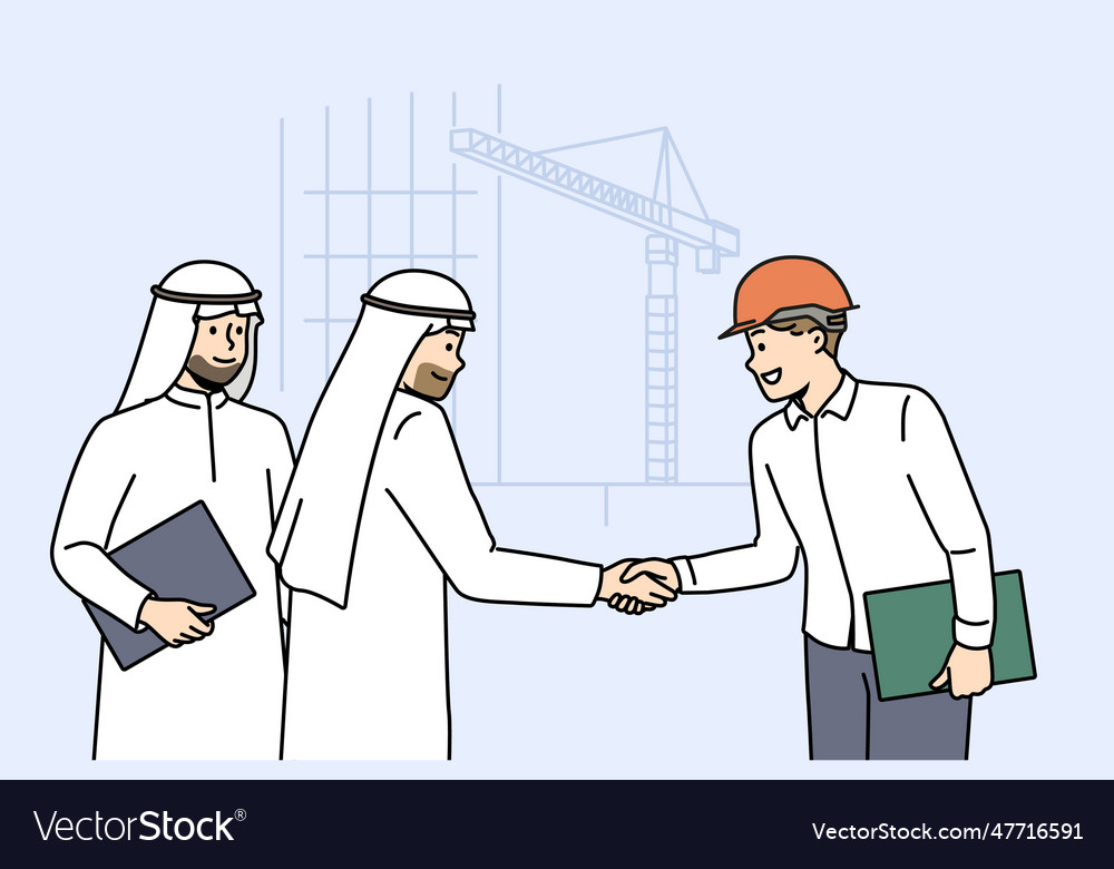 Handshake of arab businessmen and builder from