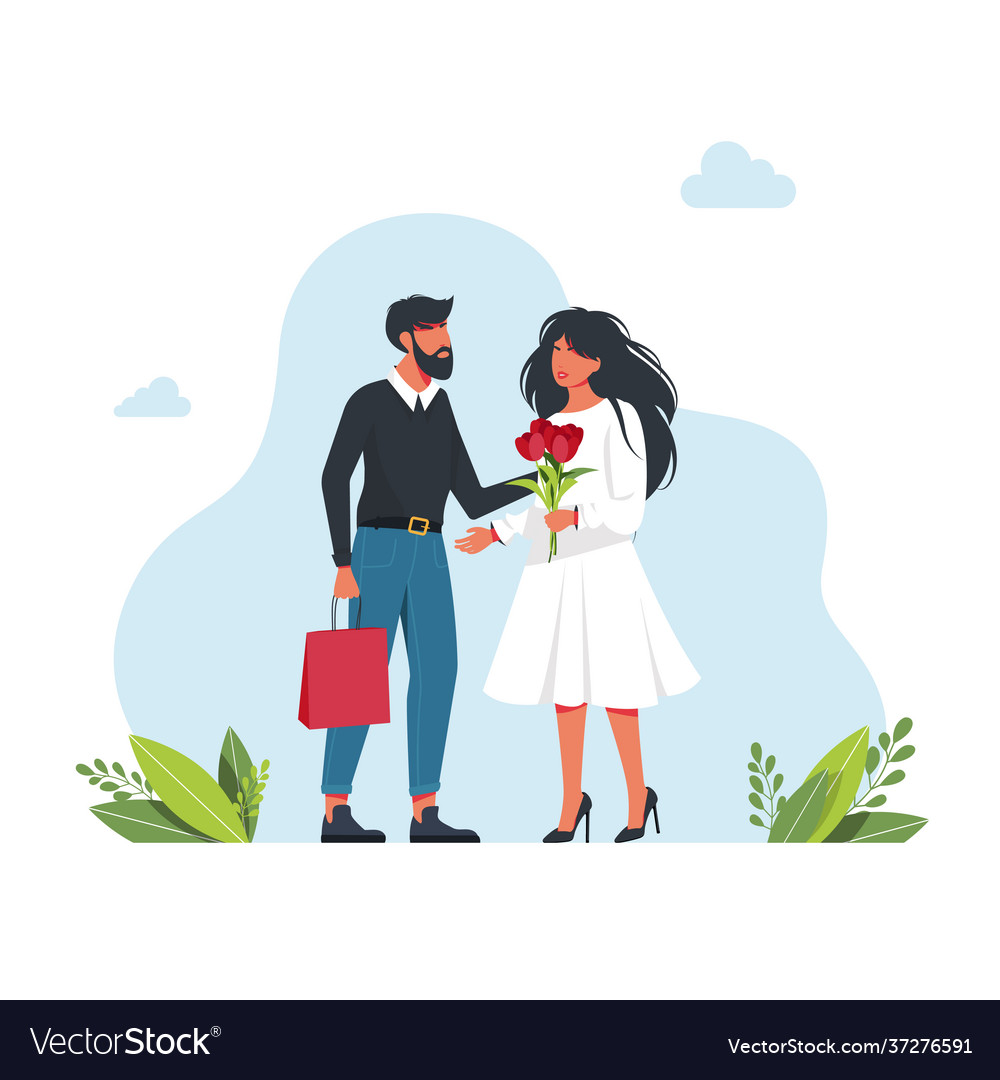 Mann gibt Frau Blumen und ein Geschenk vector image Mann gibt Frau Blumen und ein Geschenk