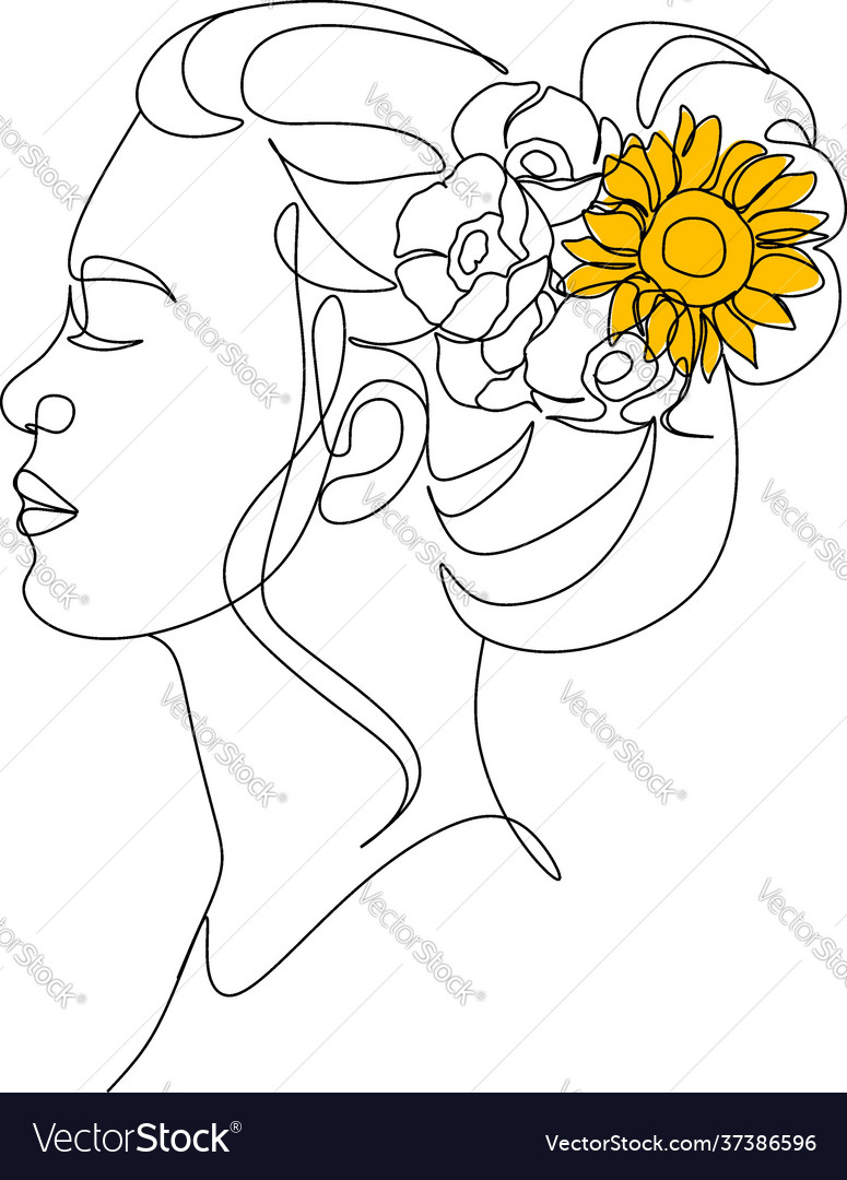 Abstract face with flowers line drawing portrait