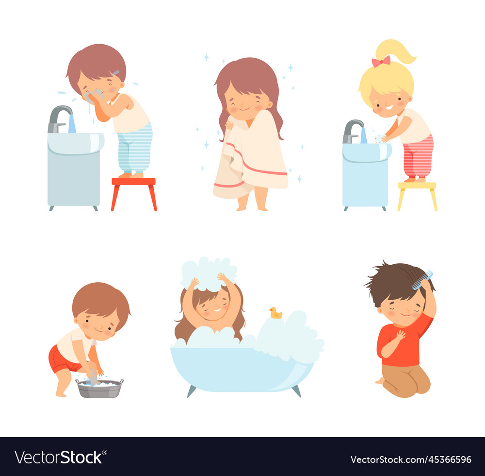 Child morning bathroom routine cute kids taking Vector Image