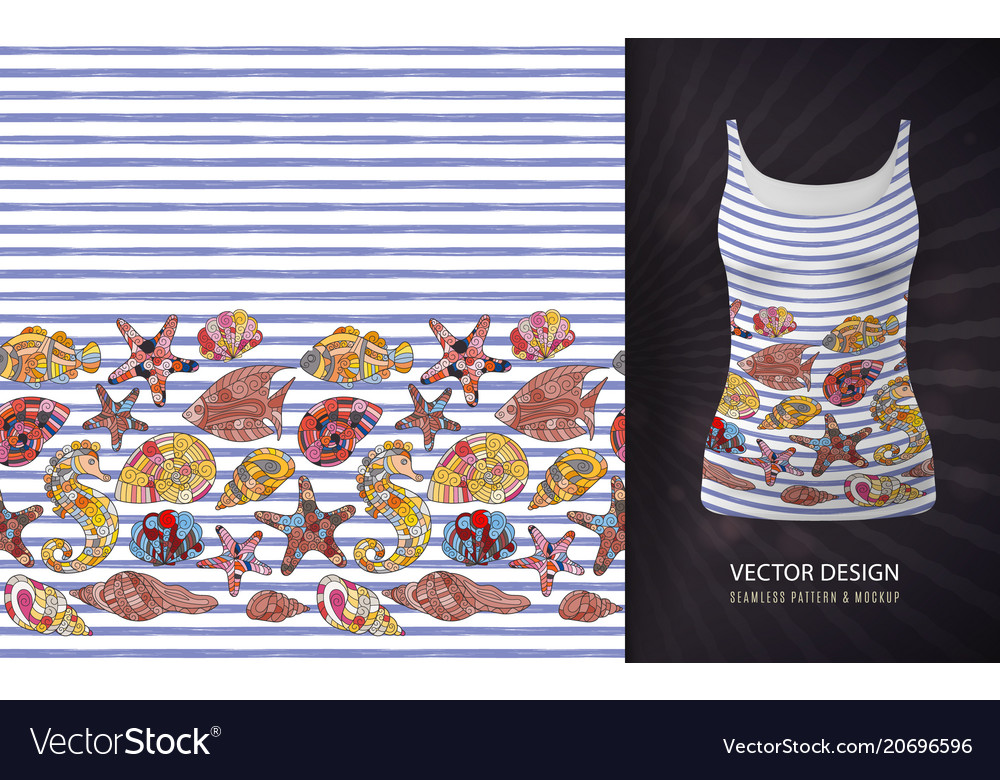 Seamless pattern of seashells on striped