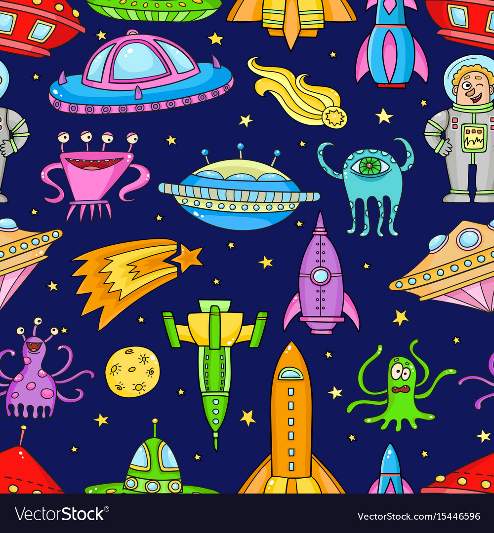 Seamless pattern with space objects - ufo rockets