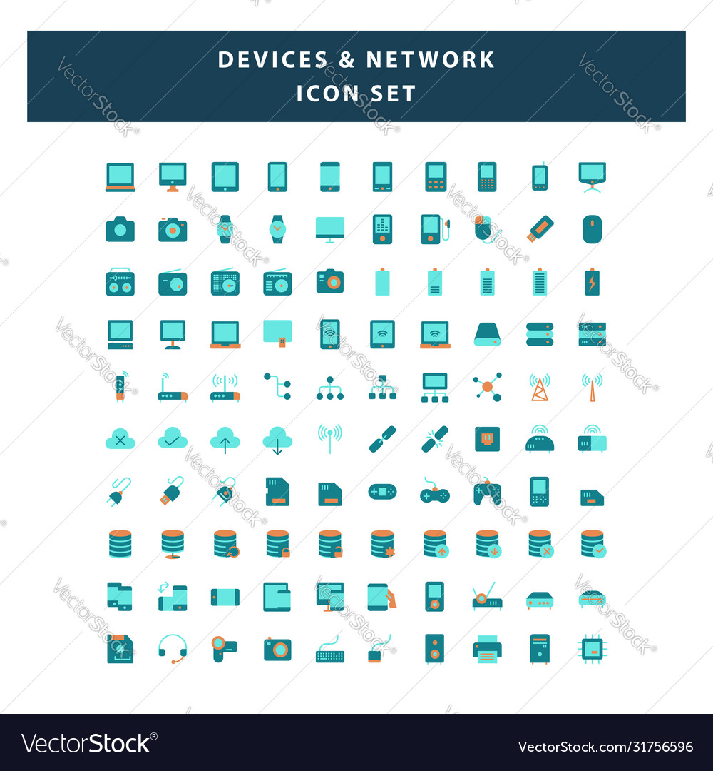 Set devices and network icon with flat style