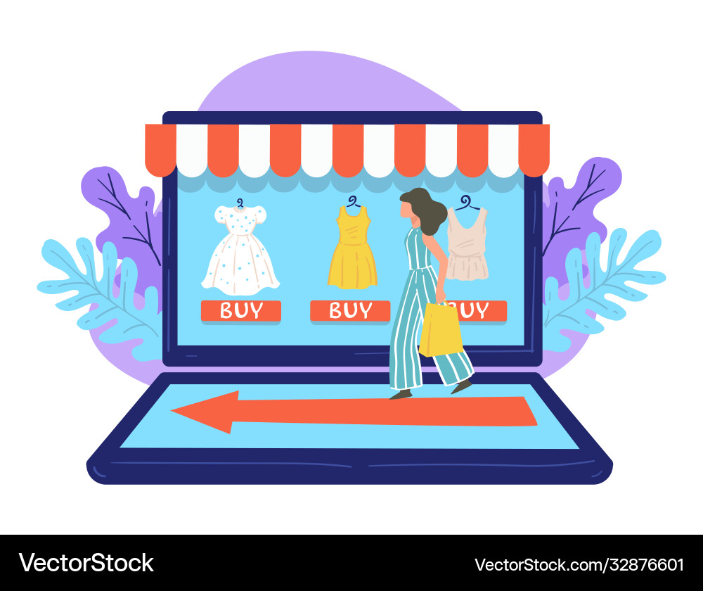 Female Character On Online Shopping Using Laptop Vector Image