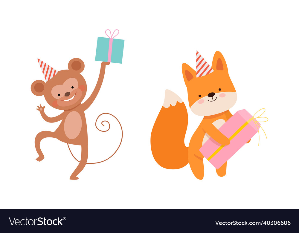 Cute monkey and fox wearing birthday hat vector image Cute monkey and fox wearing birthday hat