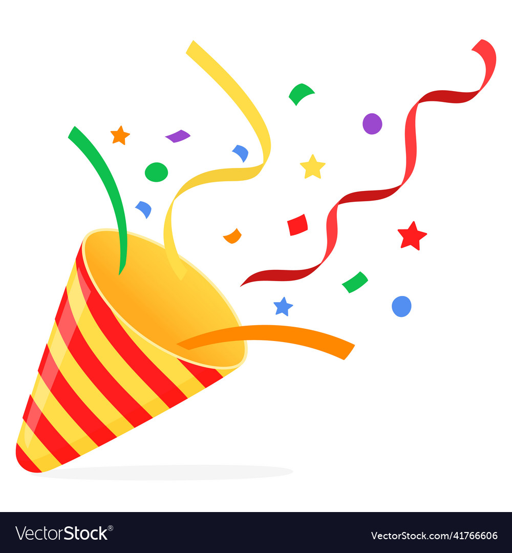 Exploding party popper with confetti bright vector image Exploding party popper with confetti bright