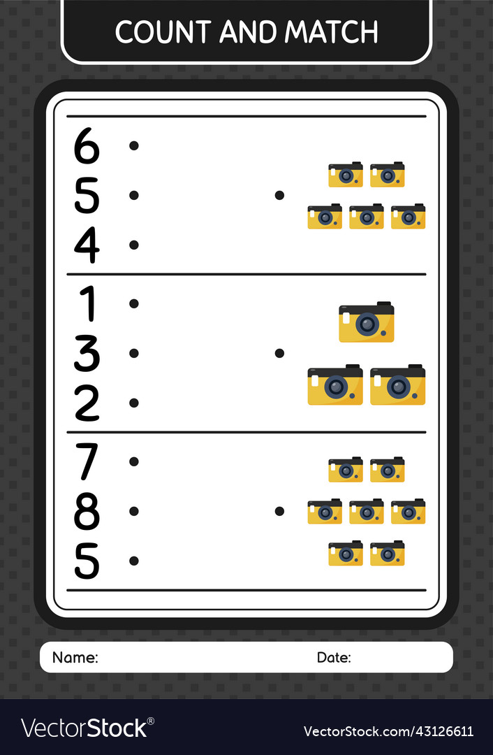 Count and match game with camera worksheet Vector Image Count and match game with camera worksheet
