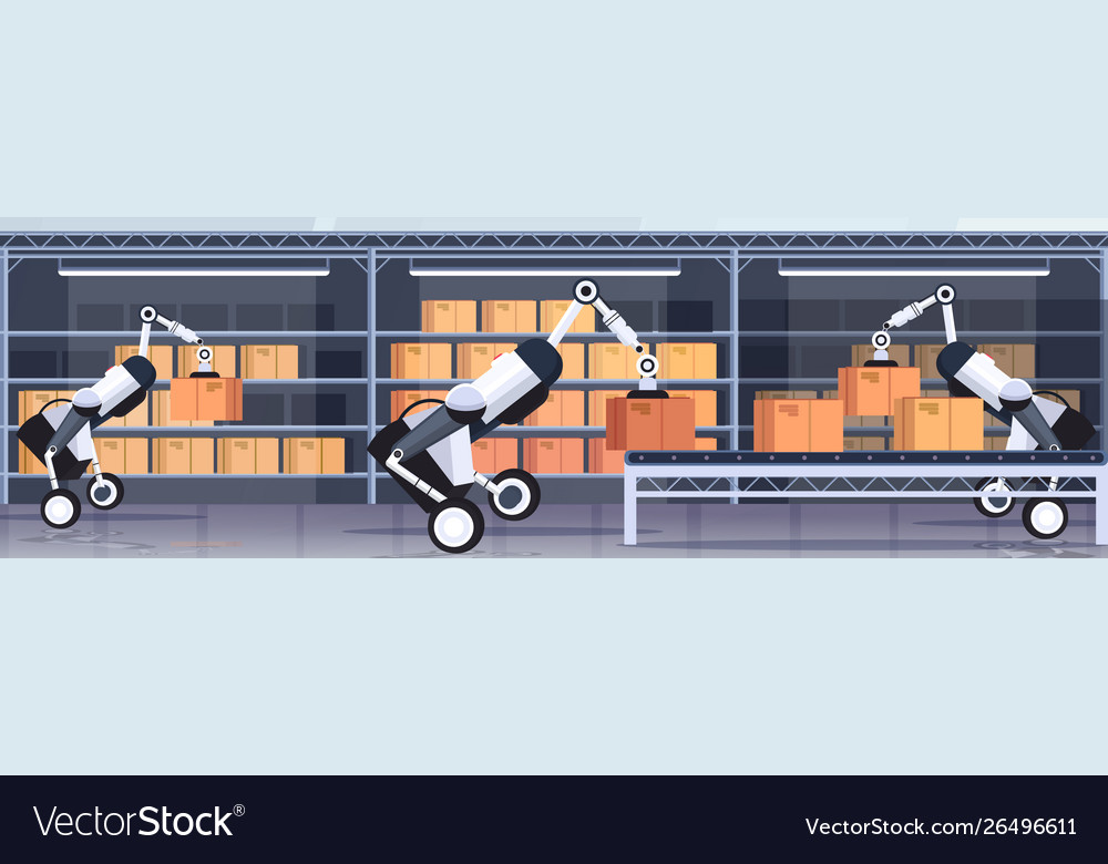 Robotic workers loading cardboard boxes hi-tech