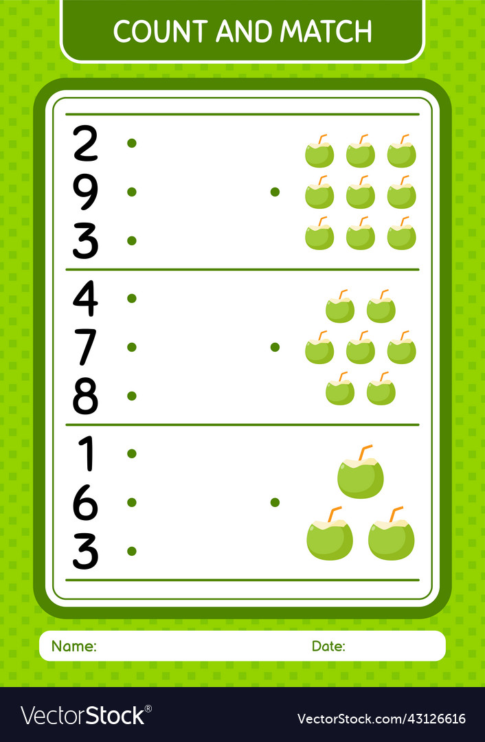 Count and match game with coconut worksheet vector image Count and match game with coconut worksheet