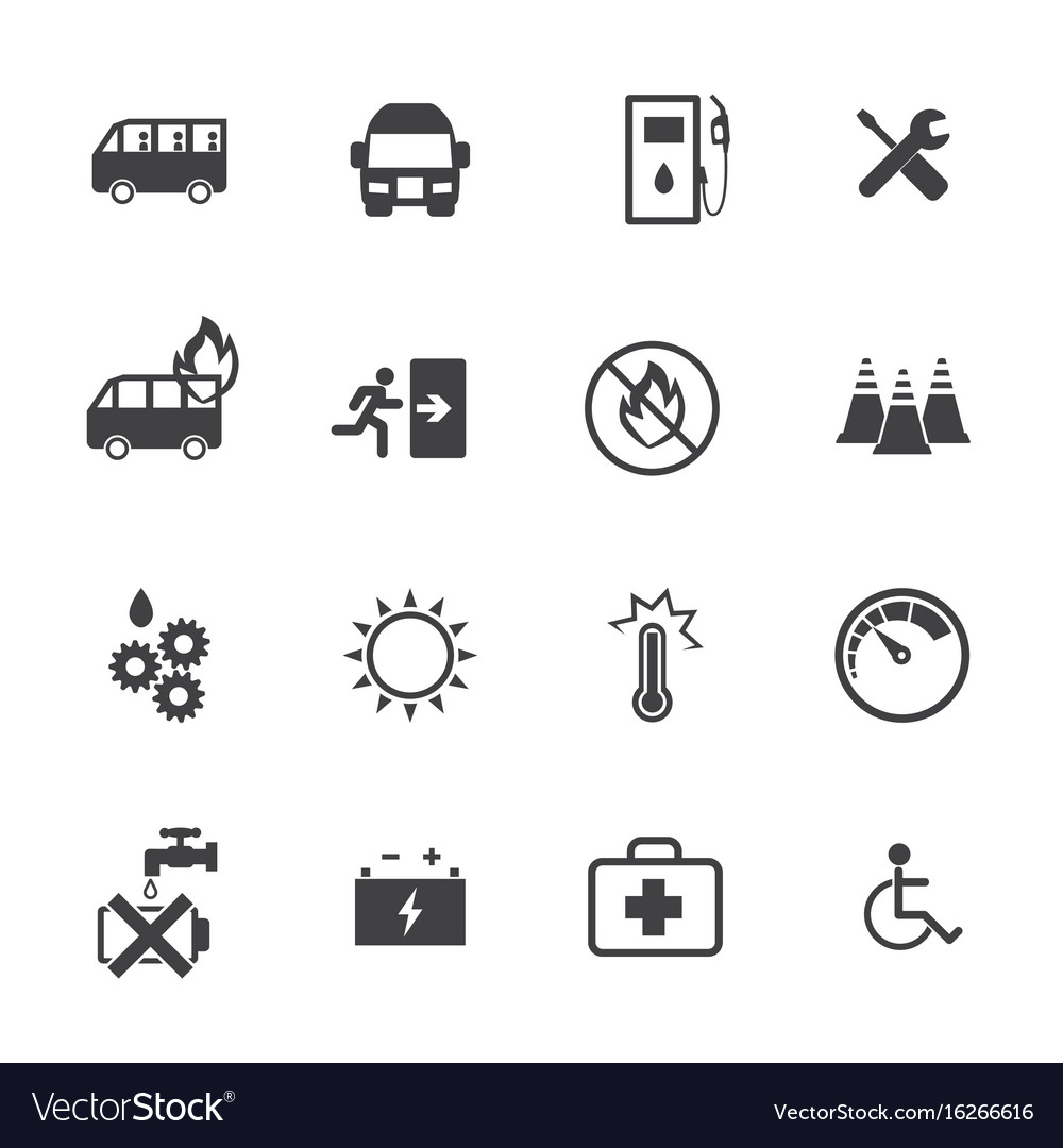 Dangers of public bus icons set flat design