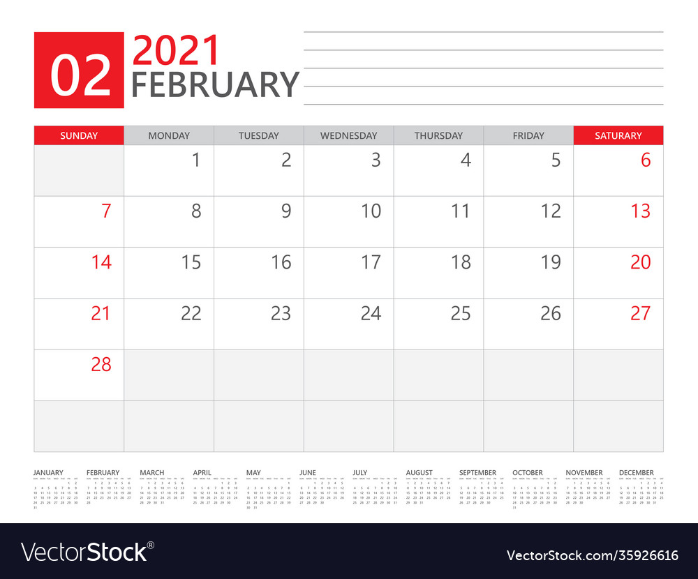 Februar 2021 Kalenderplaner Set für Vorlage