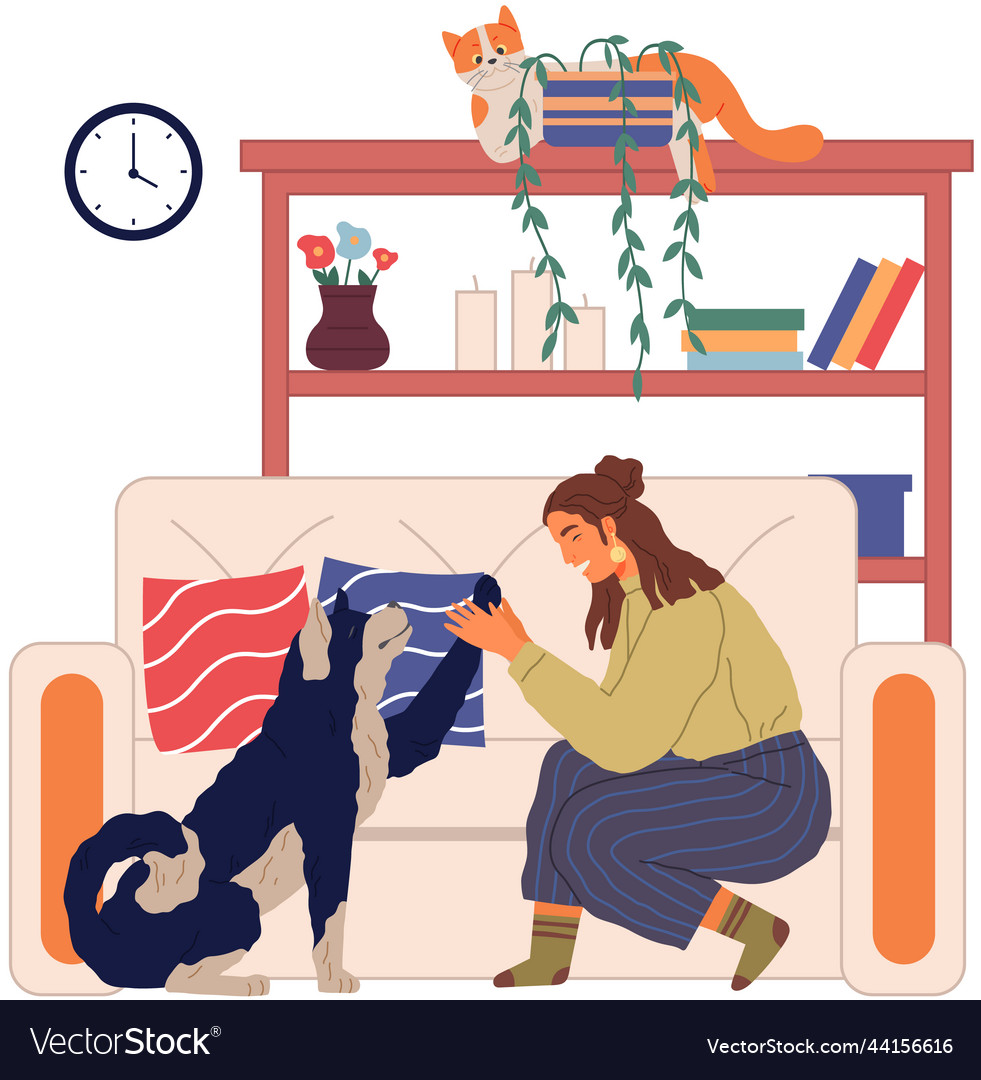 Happy lady with puppy domestic animal in cozy Vector Image