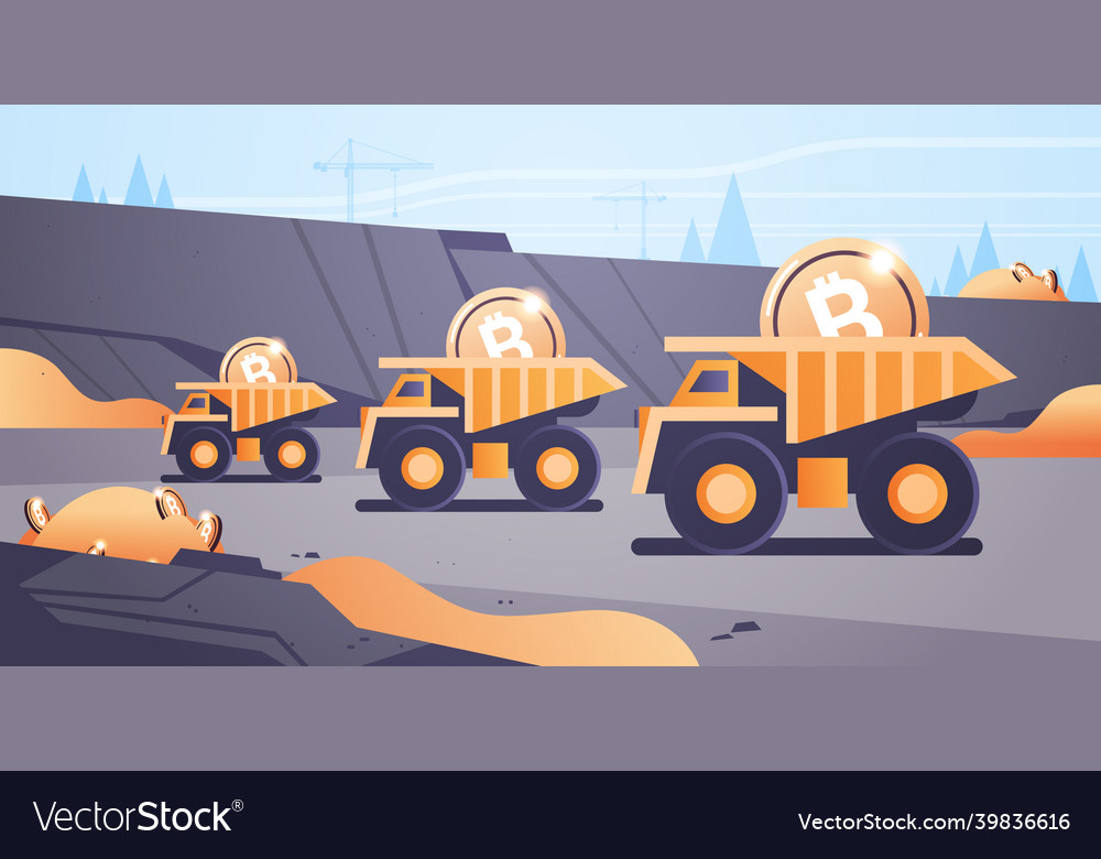 Heavy trucks mining transport with bitcoins golden