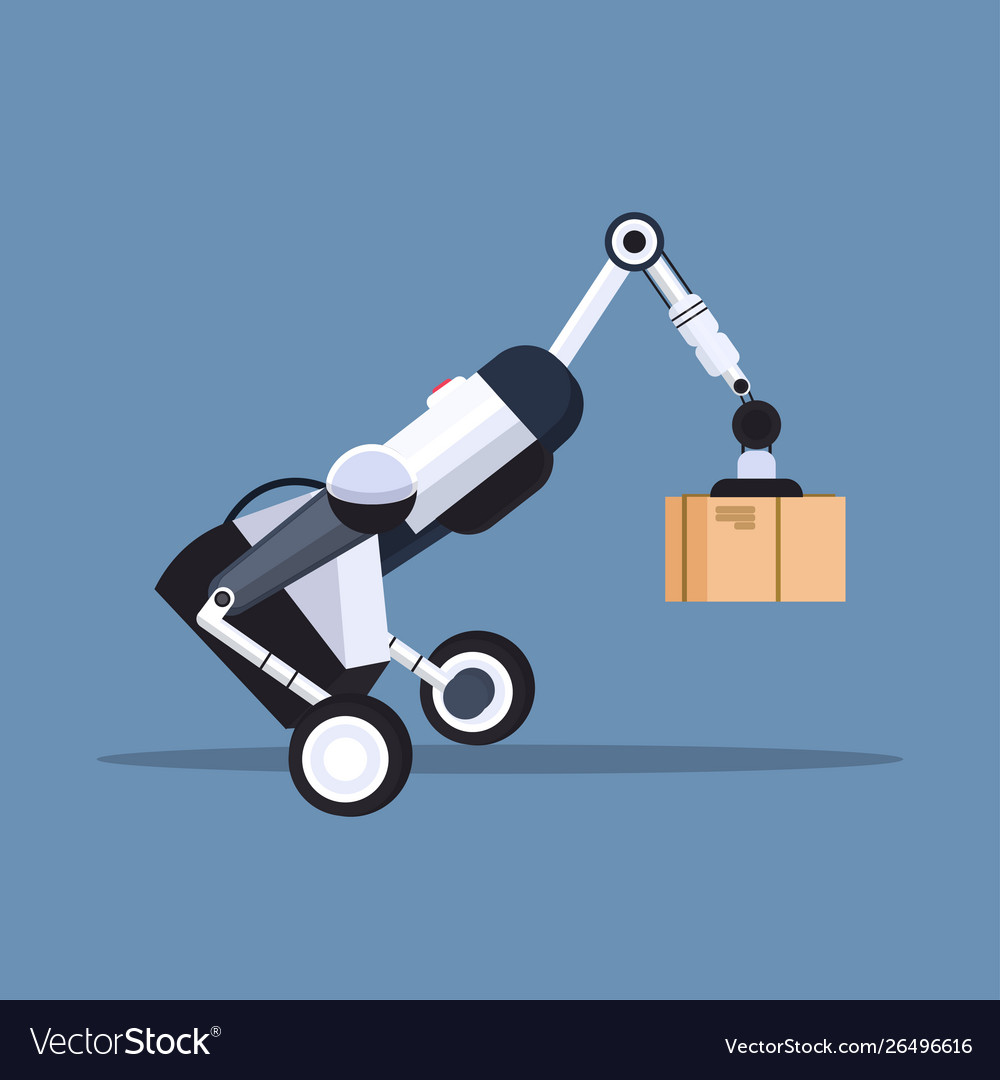 Robotic worker loading cardboard boxes hi-tech vector image Robotic worker loading cardboard boxes hi-tech