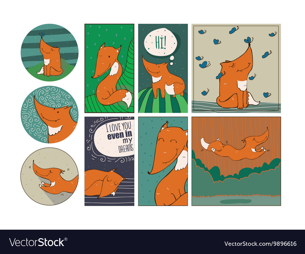Set of cute cards with kind foxes isolated