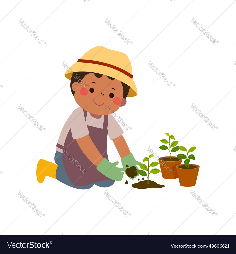 Cartoon little boy planting young trees Royalty Free Vector