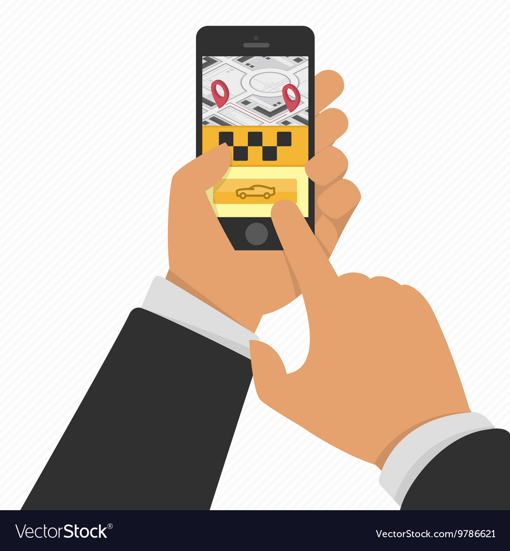 Hand holding phone with taxi service app