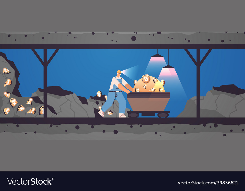 Man miner digging and extracting bitcoins in mine vector image Man miner digging and extracting bitcoins in mine