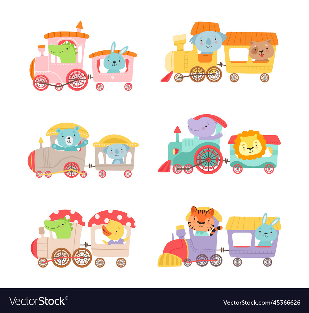 Cute animals riding train set little bunny dog vector image Cute animals riding train set little bunny dog
