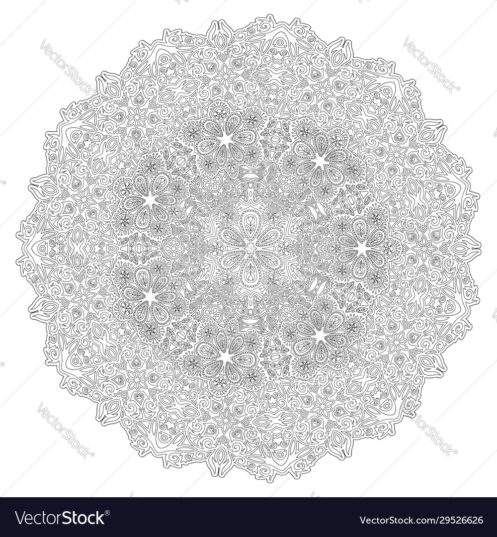 Round floral line art for adult coloring book page