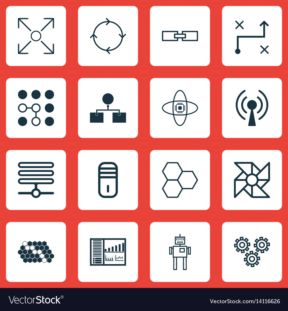 Set of 16 artificial intelligence icons includes