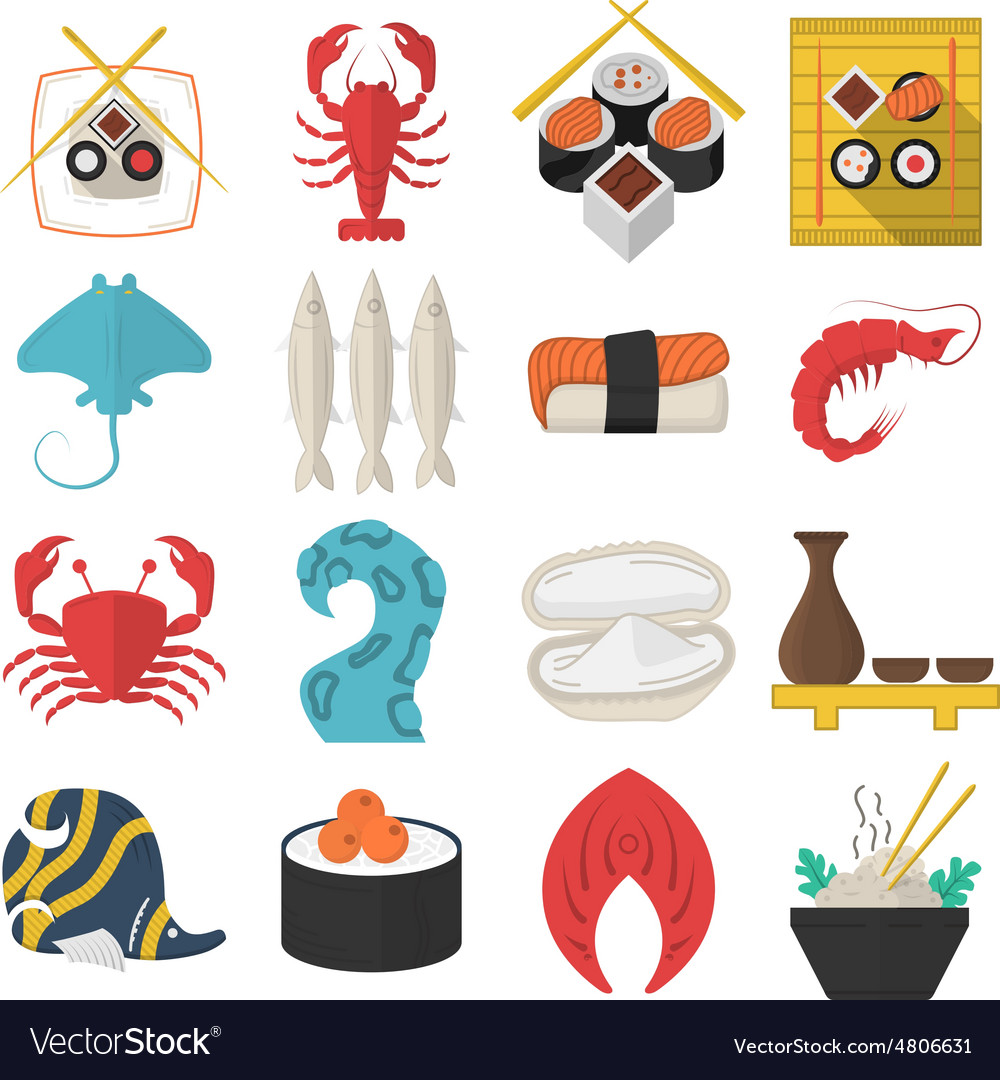 Asian seafood flat color icons