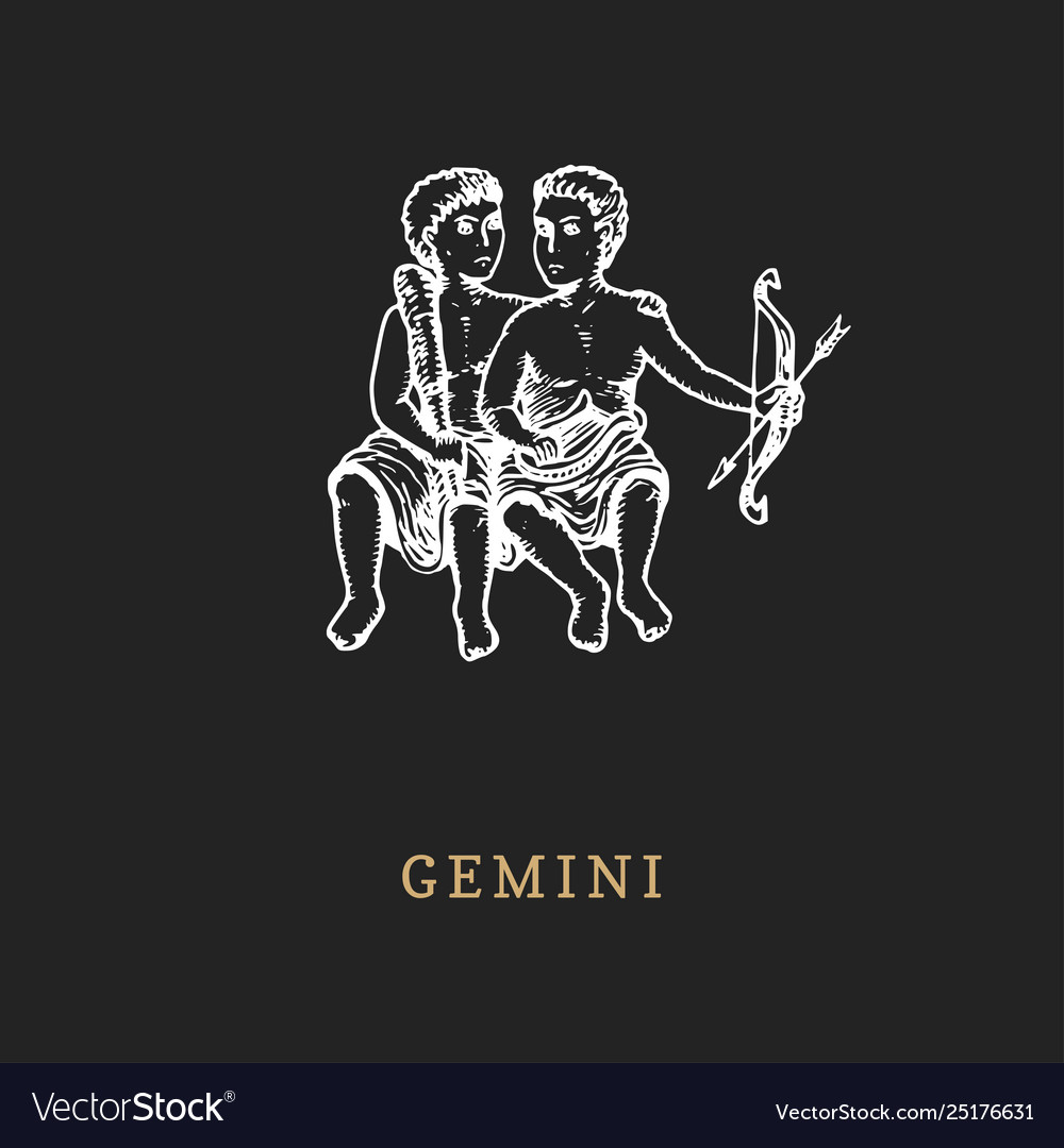 Gemini zodiac symbol hand drawn in engraving vector image Gemini zodiac symbol hand drawn in engraving