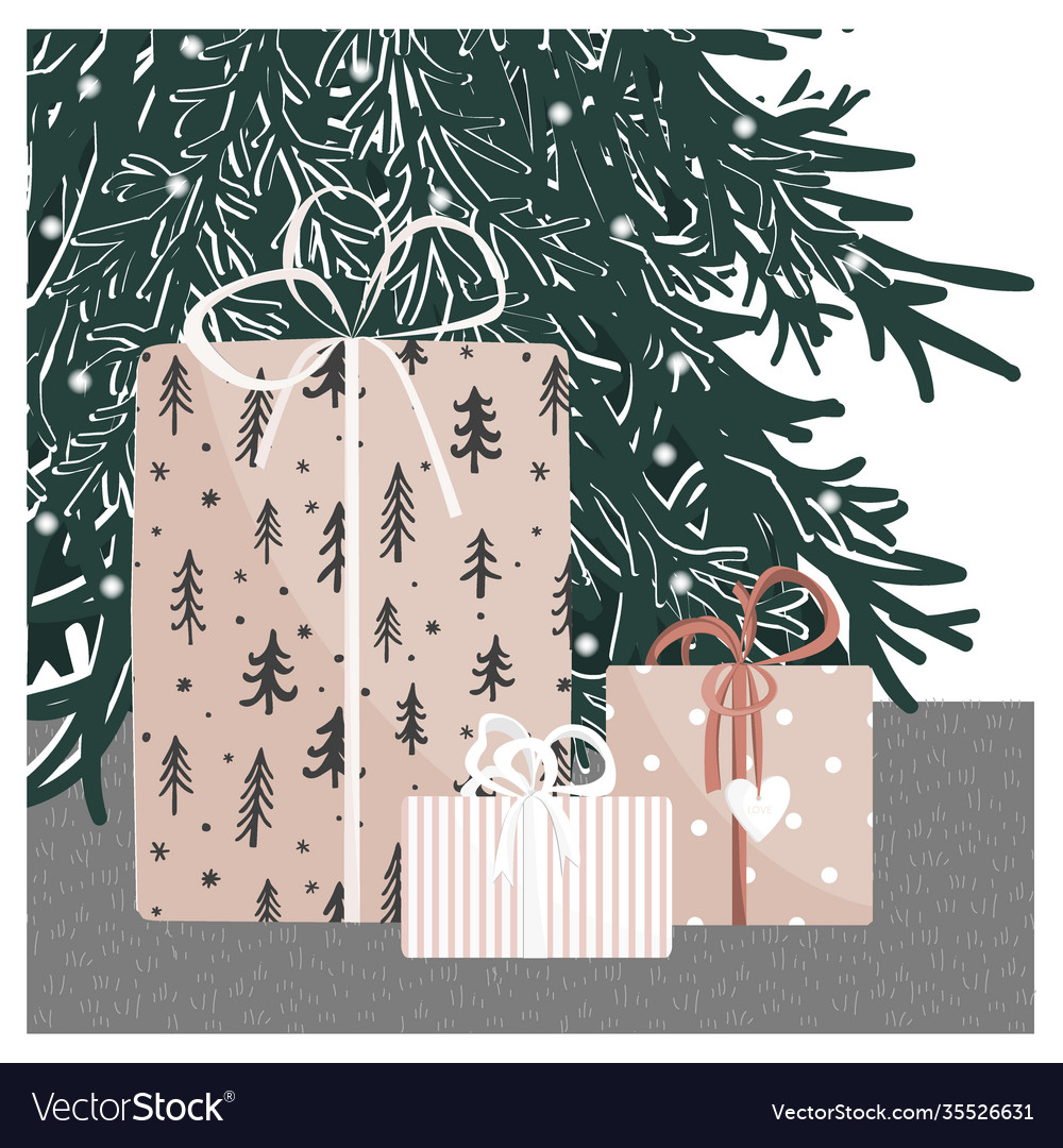 Hand Drawn Gift Boxes Under Christmas Tree Vector Image