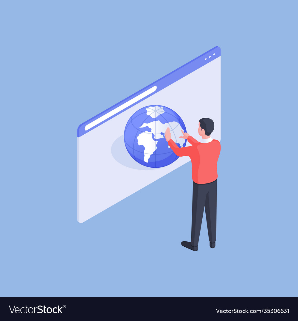 Man browsing 3d globe on website page Vector Image Man browsing 3d globe on website page