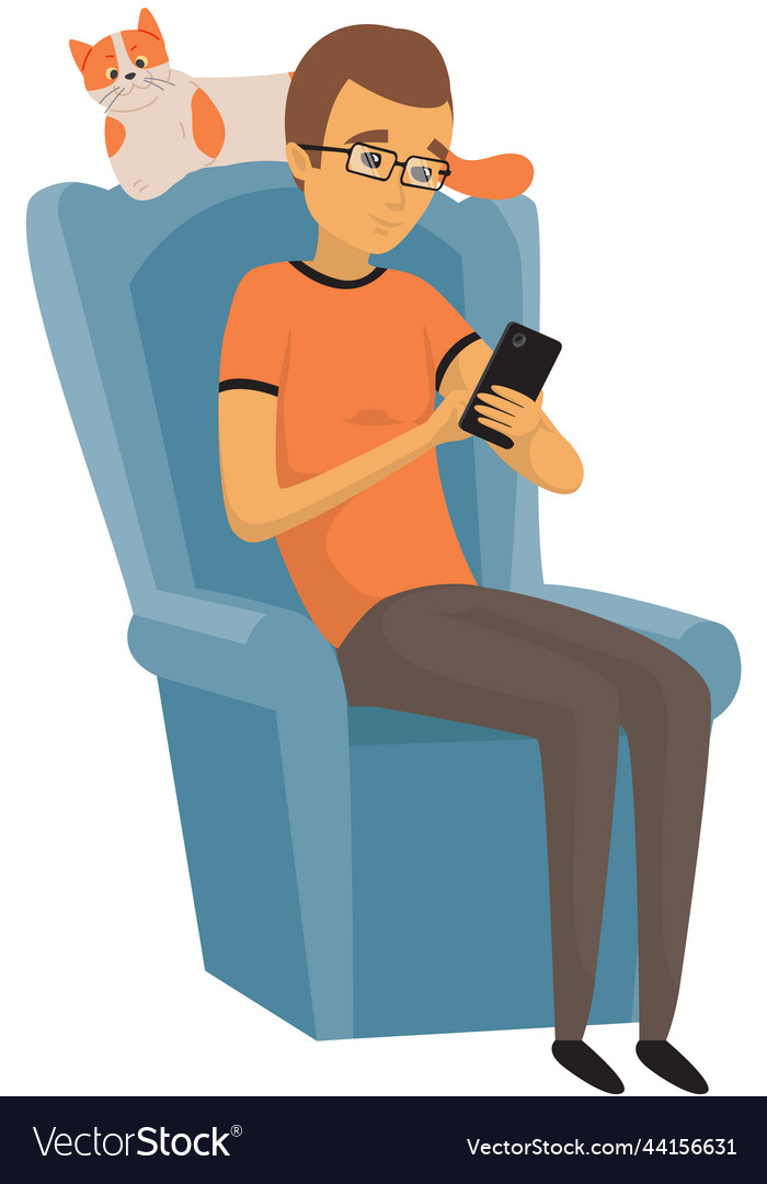 Man Relaxing with Cat and Phone