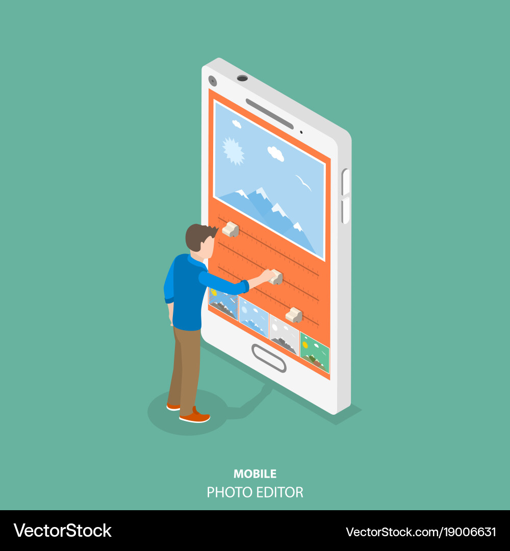 Mobile image editor flat isometric concept Vector Image