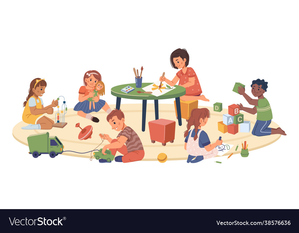 Children playing in playroom kindergarten kids Vector Image