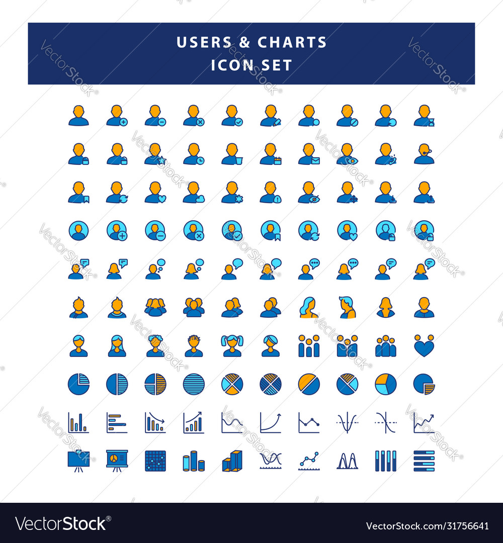 Set users and charts icon with filled outline