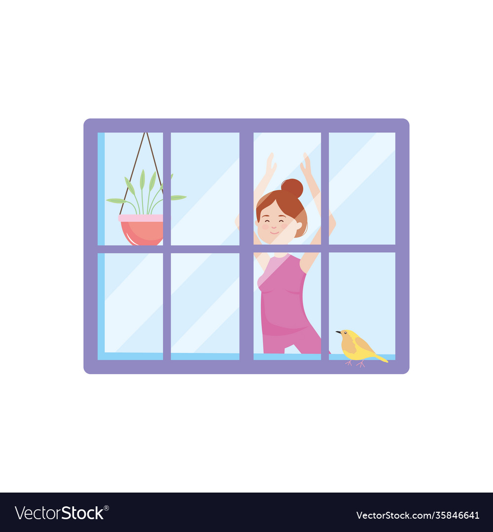 View through window a woman practicing yoga