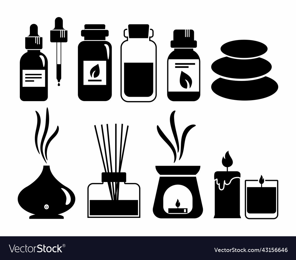 Aromatherapy black outline icon set