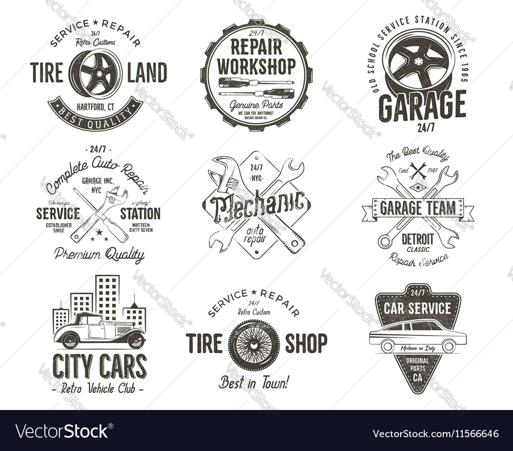 Vintage car service badges garage repair labels Vector Image