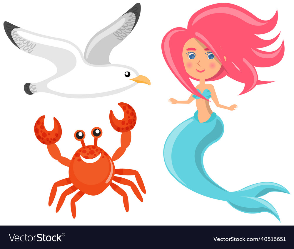 Beautiful mermaid red crab and seagull live