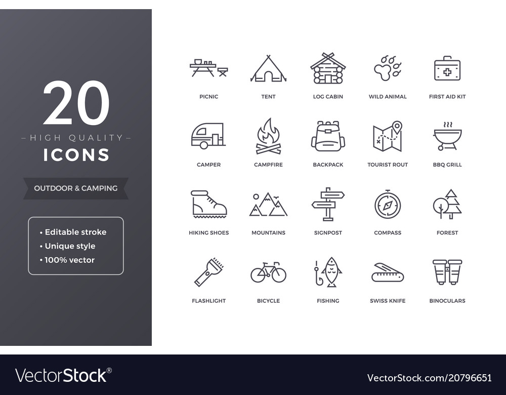 Camping line icons vector image Camping line icons
