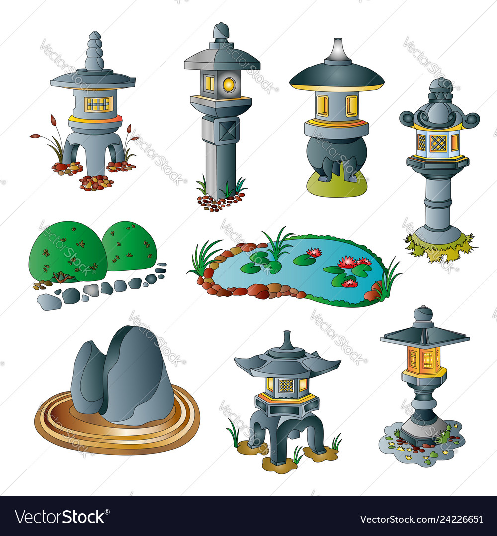 Japanese garden decorative objects set Royalty Free Vector