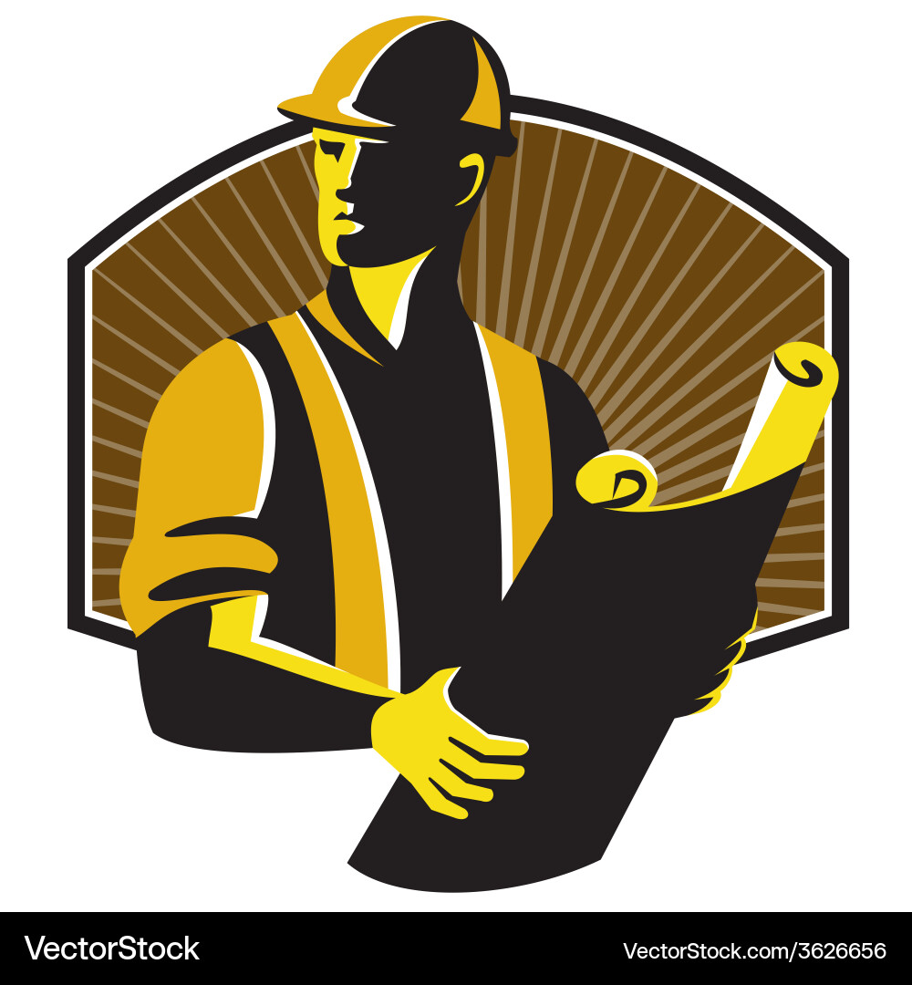 Building Engineer Vector Construction Engineer Worker Building Plan Retro Vector Image