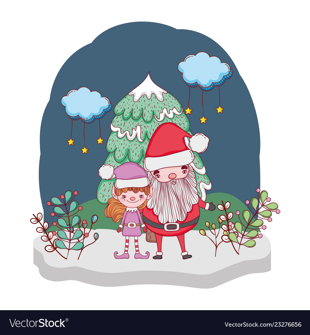 Santa claus with tree and helper in the snowscape