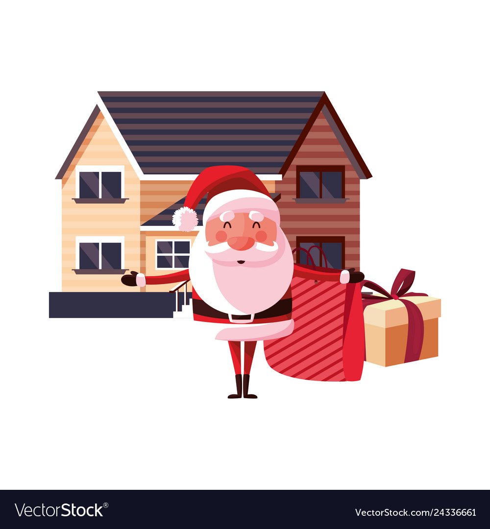 Christmas santa claus with bag gifts house