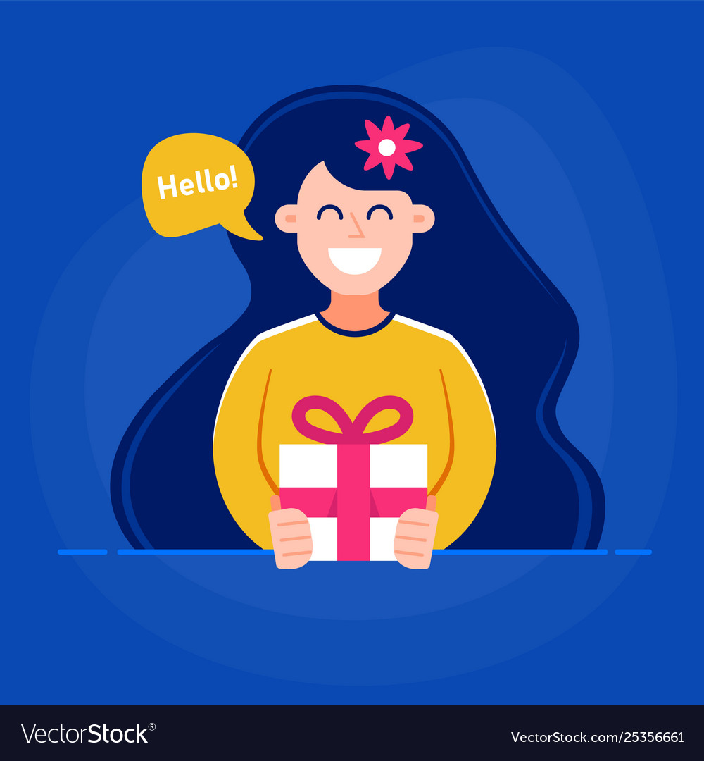 Girl Gives A Gift Keep In Hand Wavy Hair Vector Image