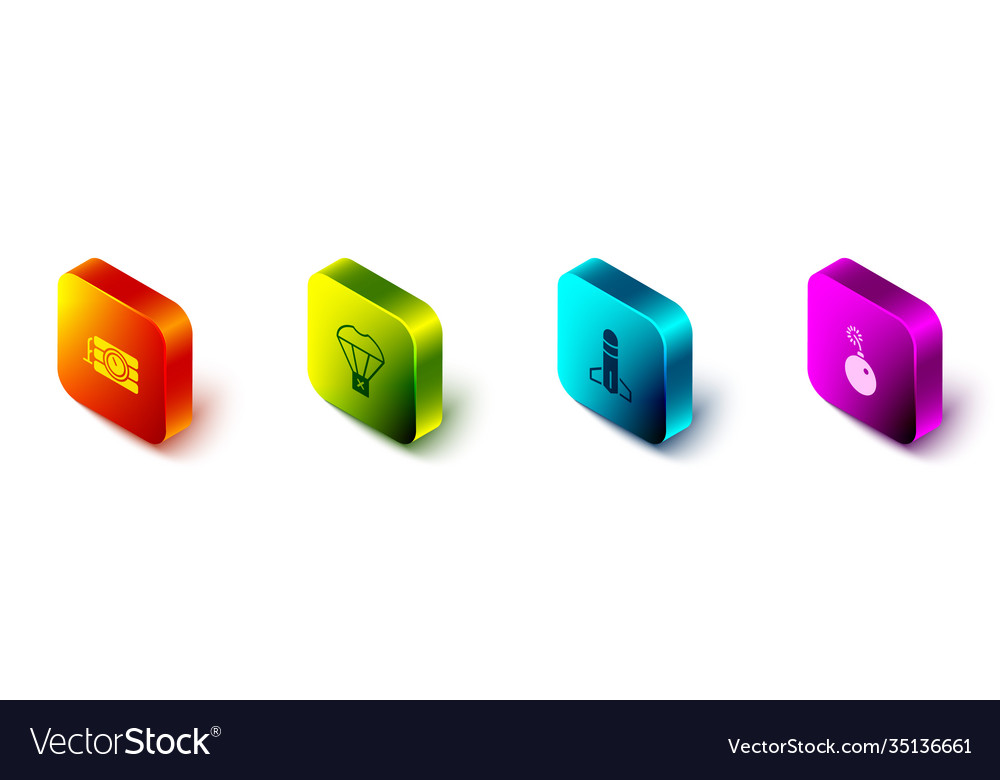 Set isometric dynamite and timer clock box flying vector image Set isometric dynamite and timer clock box flying