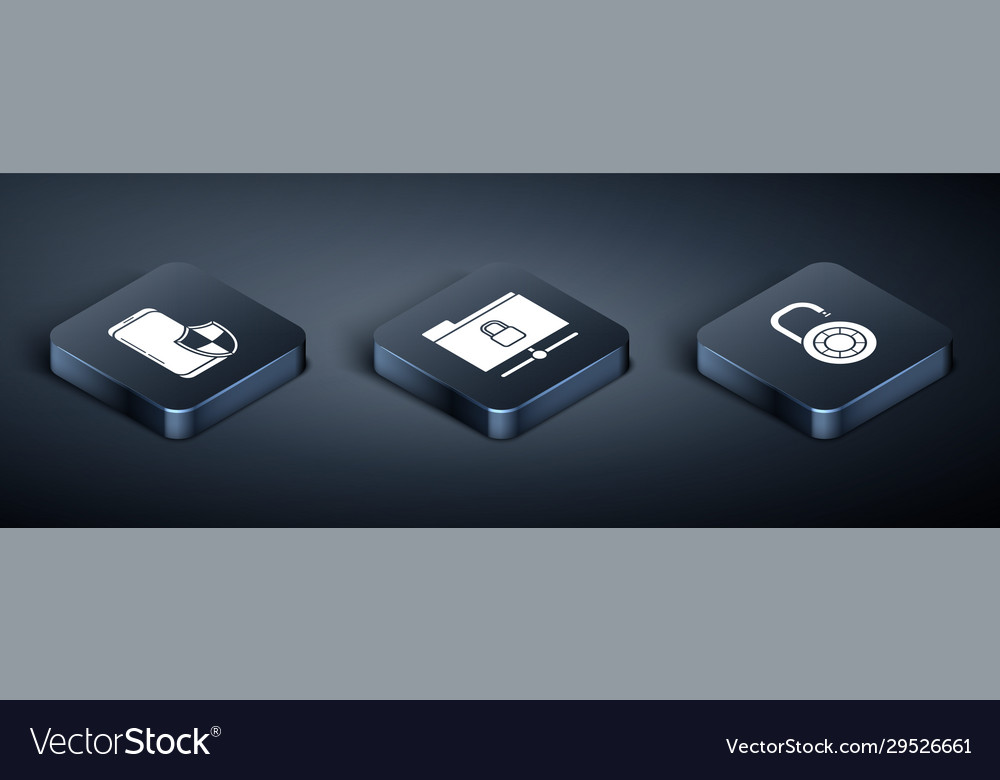 Set isometric smartphone with security shield vector image Set isometric smartphone with security shield