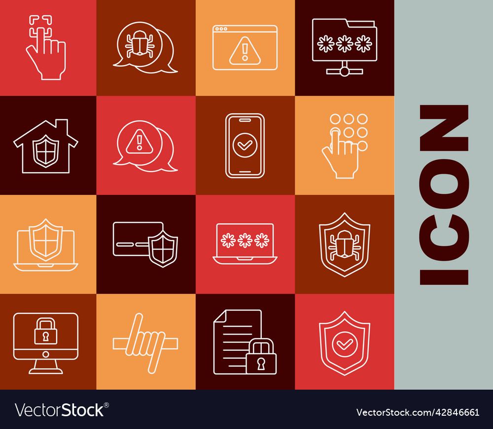 Set line shield with check mark system bug vector image Set line shield with check mark system bug