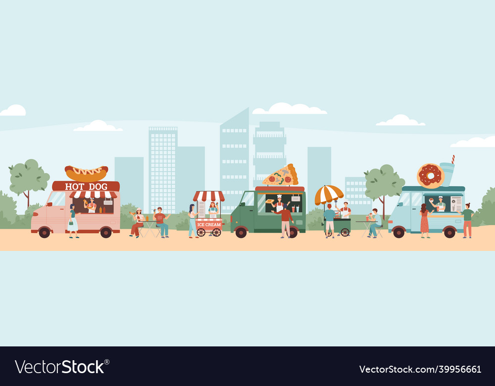 Street food festival in the city park flat vector image Street food festival in the city park flat