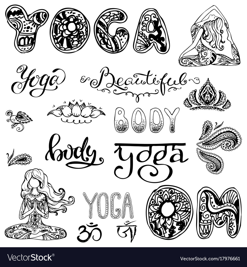 Yoga set with letteringornamentyoga pose