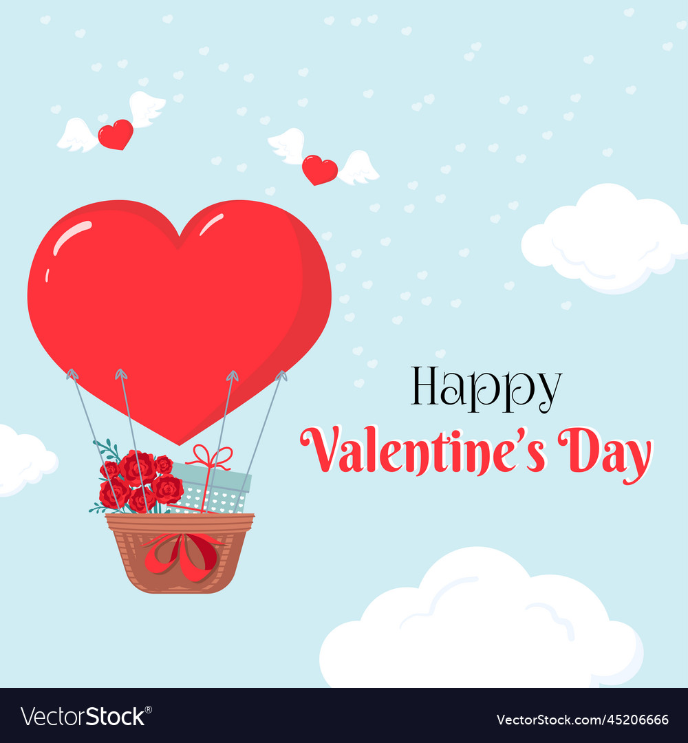 Heart shape hot air balloon gift box and roses vector image Heart shape hot air balloon gift box and roses